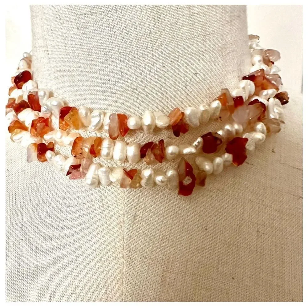 Freshwater pearl and carnelian chip long necklace